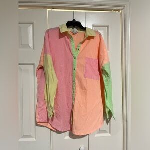 Davi & Dani Women's Neon Multi Stripe Button Up Top